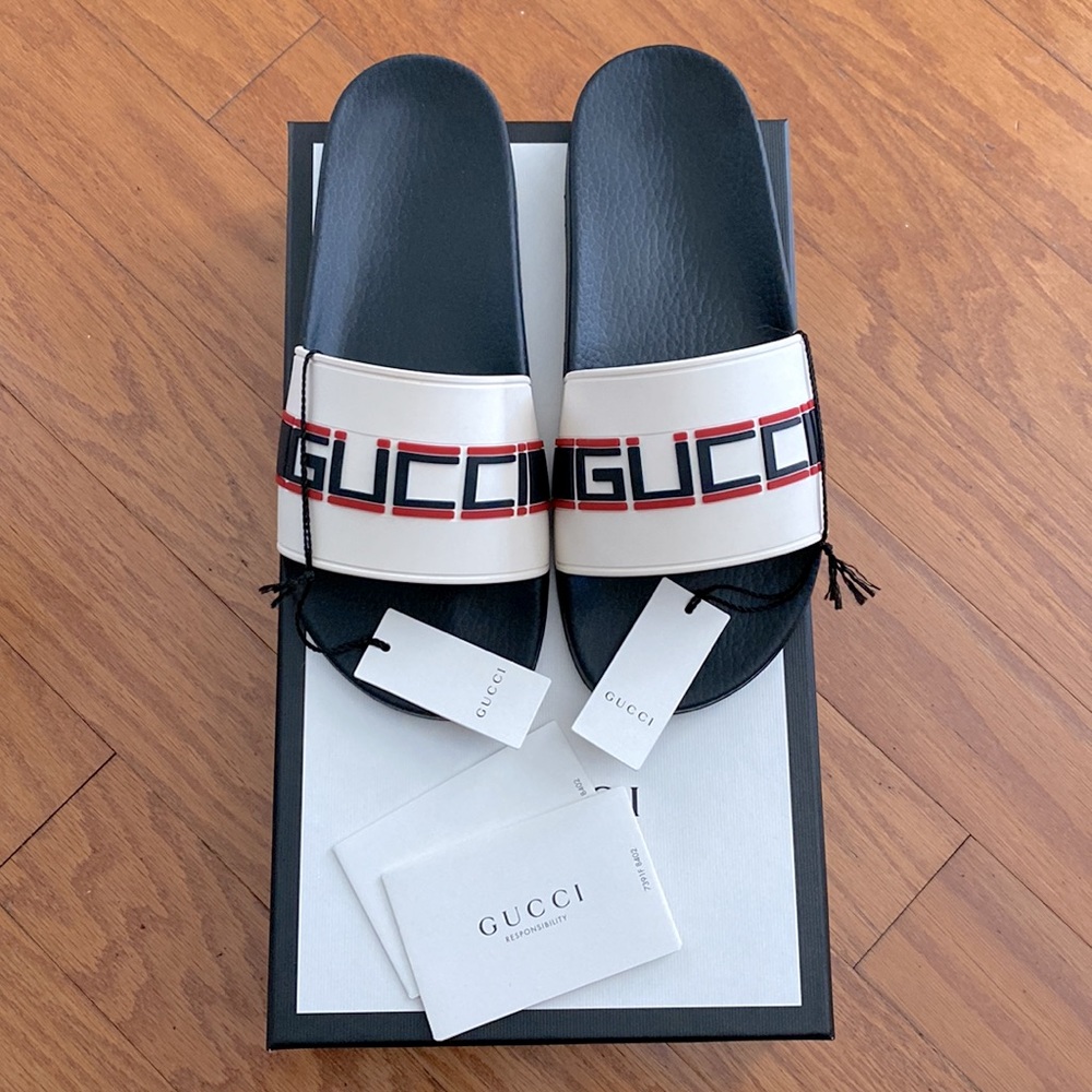 NEW Gucci St. Nastro Rubber Slides